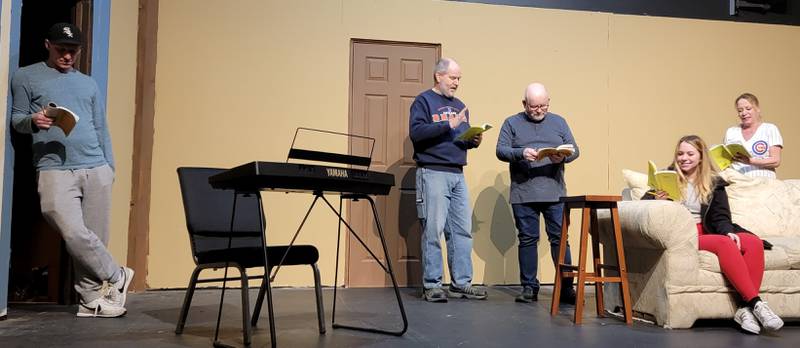Cast members Keenan Bigg, Bill Gillespie, Joe Baima, Marley Hennessy, and Paula Schramm rehearse for MTG’s Tribute.