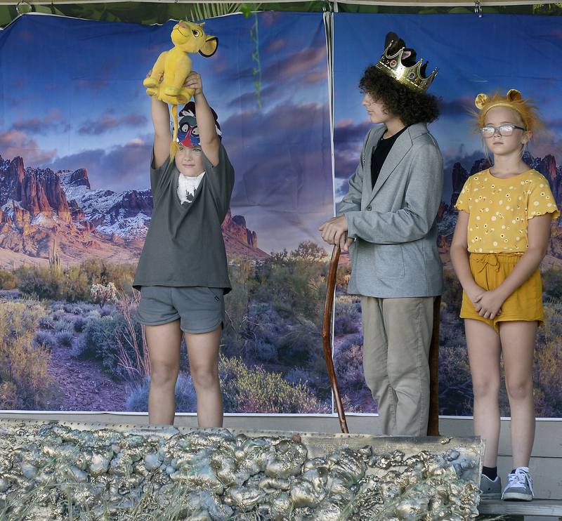 Children actors perform the opening scene of "The Lion King Jr." on Friday, Aug. 11, 2023, at Knudson Park in Marseilles. The show was presented by Marseilles Recreation.