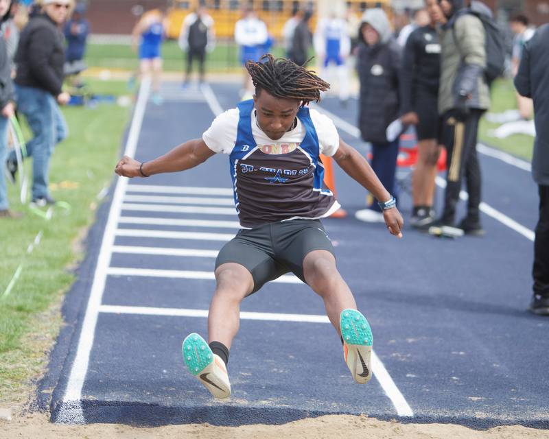 St. Charles North's Andre Smith competes in the Triple Jump at the Peterson Prep Invitational by Kaneland on Saturday, April 20,2024 at West Aurora High School in Aurora.