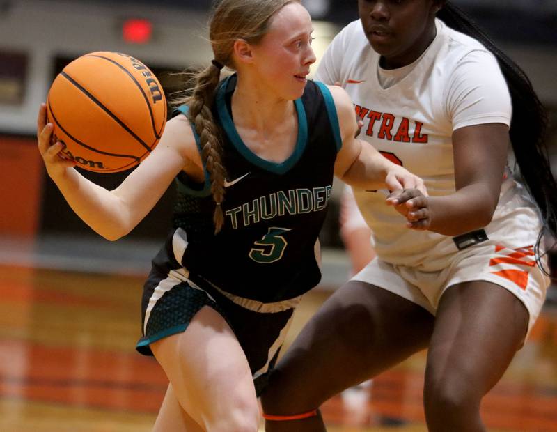 Woodstock North’s Allyson Schaid moves the ball in varsity girls basketball on Monday, Jan. 26, 2026, at Crystal Lake Central High School in Crystal Lake.