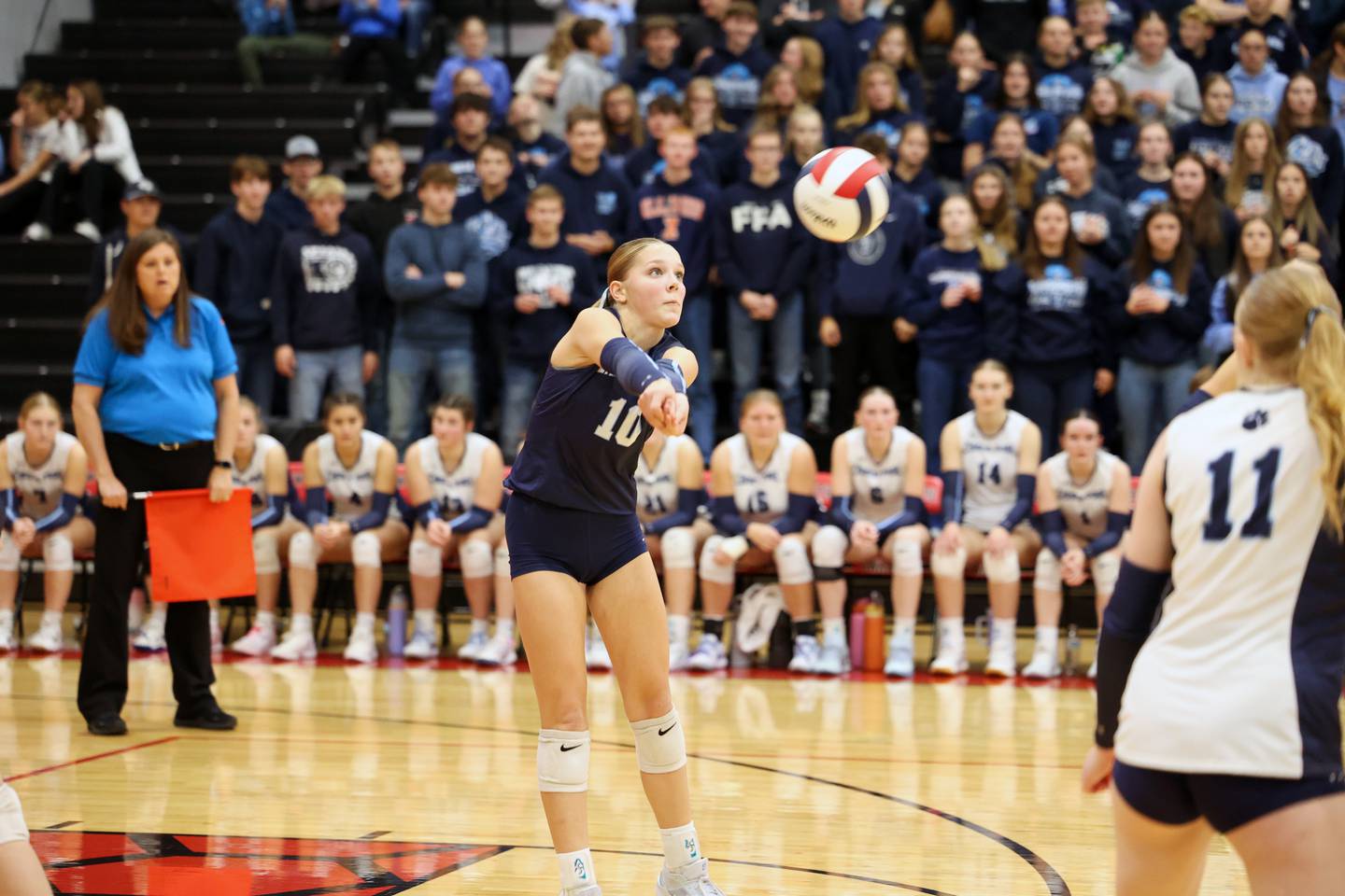 Cissna Park's Kendyl Neukomm volleys to the setter during the Timberwolves' victory in two sets, 25-22, 25-11, over Windsor/Stewardson-Strasburg in the IHSA Class 1A Heyworth Super-Sectional on Monday, Nov. 10, 2025.