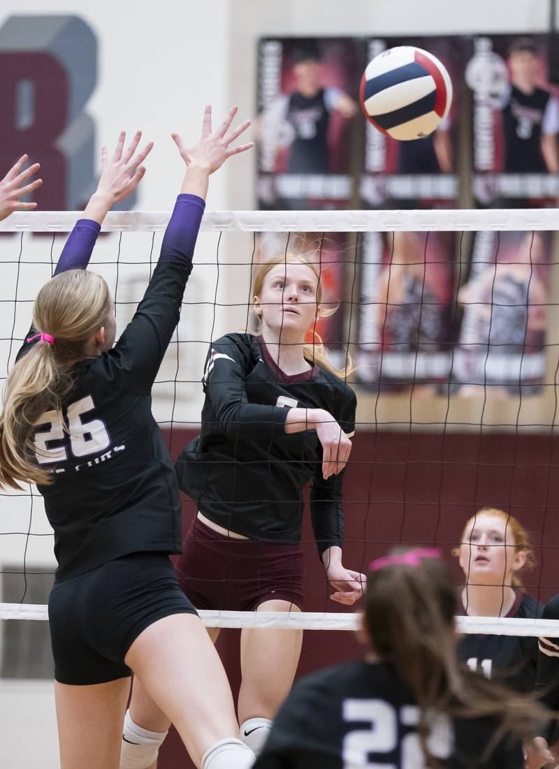 Prairie Ridge's Sonora Bekere shoots past Hampshire's Anna Schiltz during their game on Thursday, October 2, 2025 at Prairie Ridge High School in Crystal Lake. Ryan Rayburn for Shaw Local