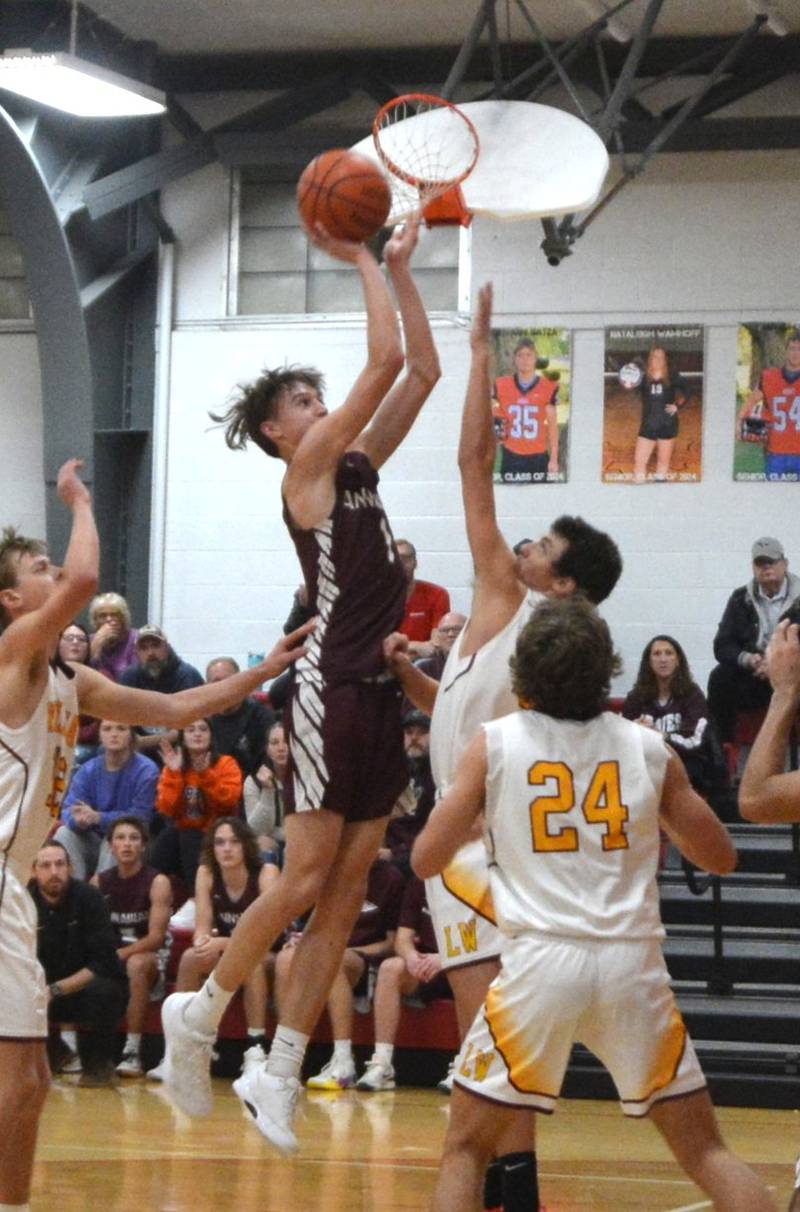 Annawan's Gabe Sims shoots against Lowpoint-Washburn in the championship game of the LaMoille Holiday Classic on Friday. The Braves won 51-45.