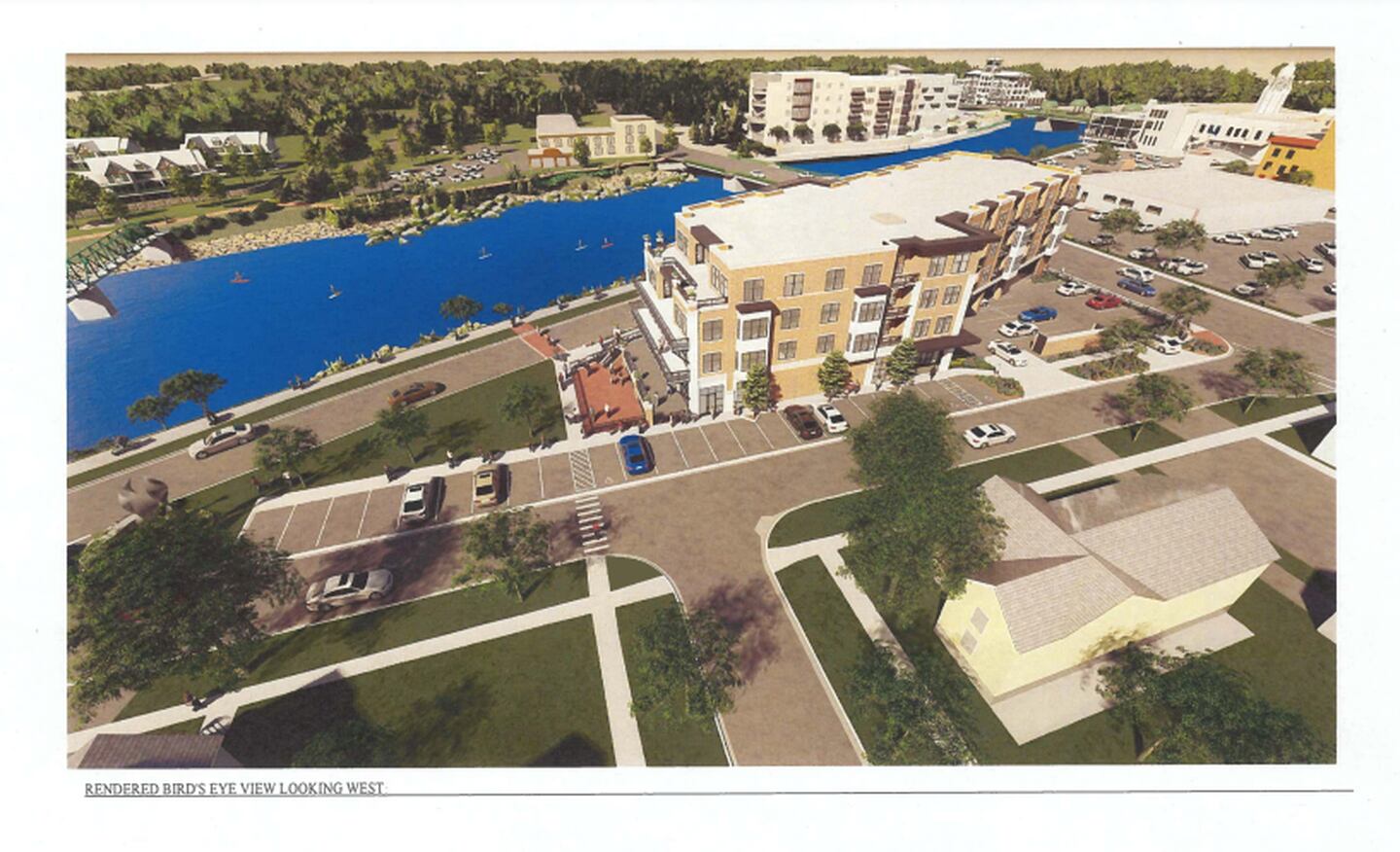 Rendering of River East Lofts, a four story apartment building proposed on the east bank of the Fox River in downtown St. Charles.