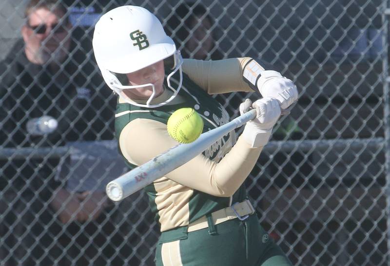 St. Bede's Sadie Leffleman gets a hit against Woodland/Flanagan-Cornell on Tuesday, April 8, 2025 at Woodland High School.