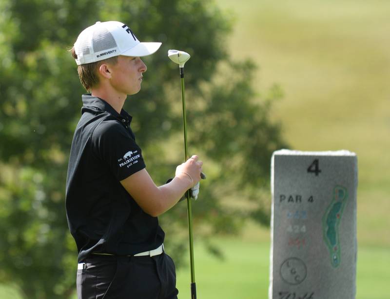 Byron's Landon Smith watches his tee shot on hole #4 at  the 1A Pearl City Regional on Wednesday, Oct. 1, 2025 at Wolf Hollow Golf Course in Lena.