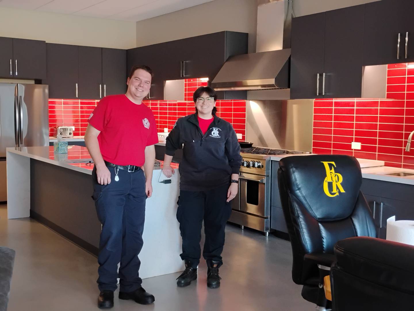 Firefighter/paramedics John Wilson and Shealynn Robinson in the kitchen of the new fire Station No. 3. The  Fox River and Countryside Fire/Recue District started taking calls Nov. 4. The public is welcome to tour the new station at a grand opening 4 to 7 p.m. Thursday, Nov. 19.