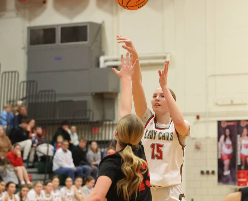 L-P's Margaret Boudreau shoots a jump shot over Hall's Caroline Morris on Monday, Jan. 12, 2026 in Sellett Gymnasium at L-P High School.