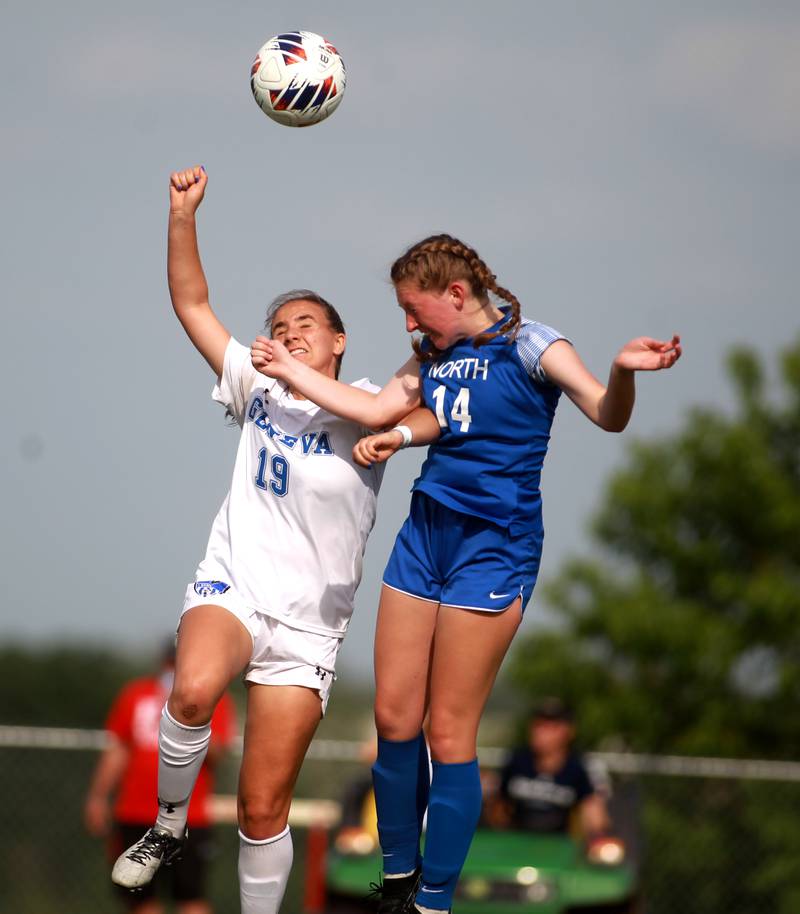 Geneva’s Evyn Schokora (left) and Wheaton North’s Kylee Gosling (right) head the ball during a Class 3A South Elgin Sectional semifinal game on Tuesday, May 21, 2024.