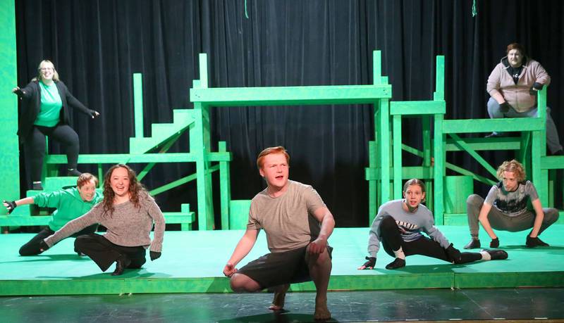 The cast of "Tarzan"acts out a scene during a rehearsal on Thursday, Jan. 16, 2025 at Stage 212 in La Salle.