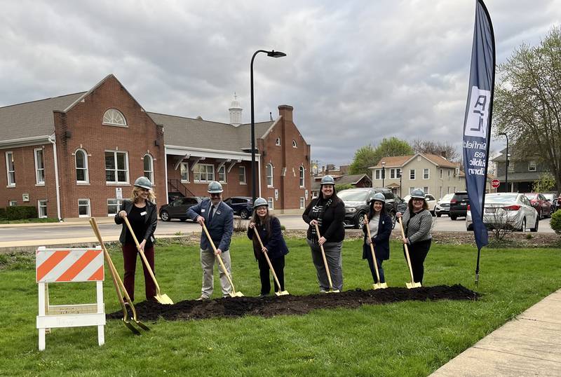 The Plainfield Area Library broke ground on renovations for its existing building Wednesday, April 17, 2024 . Pictured are Library Board of Trustees 
(from left) Erika Grotto (treasurer), Carl F. Gilmore (president), Vicki M. Knight (secretary), Lauren Las (trustee), Lisa Schmidt ( vice president), and Alicia Malec (trustee).