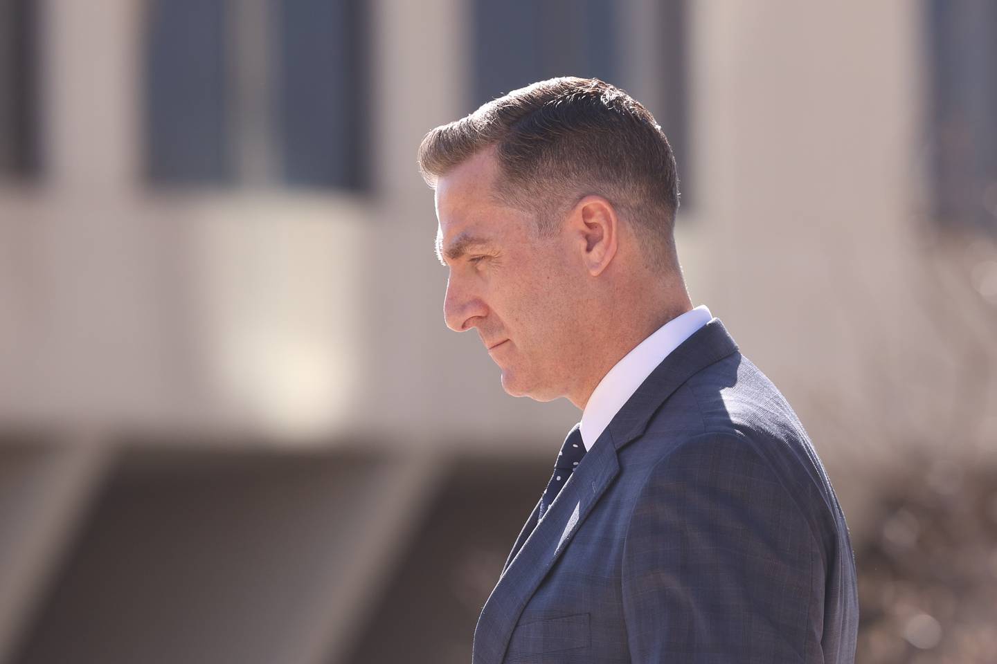 Inspector General Sean Connolly leaves the Will County Courthouse on Wednesday, April 12, 2023 in Joliet.