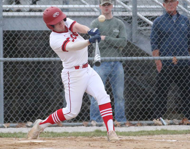 Streator's Parker Phillis makes contact with the ball against Peotone on Tuesday, April 4, 2023 in Streator.