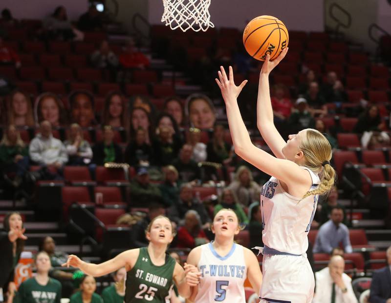 Cissna Park's Sophie Duis runs all alone in the lane to score against St. Edward during the Class 1A third place game on Friday, March 7, 2025 at CEFCU Arena in Normal.