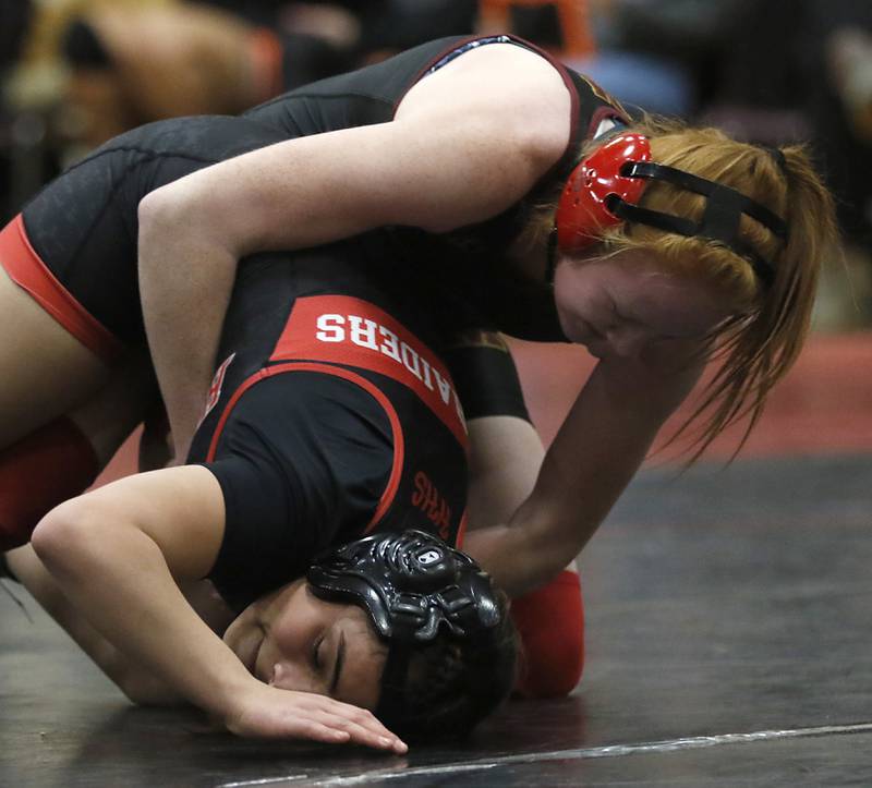 Morris’ Makensi Martin controls Huntley’s Donna Garcia in the 115-pound match of a nononference wrestling meet on Wednesday, Jan. 22, 2025, at Huntley High School.