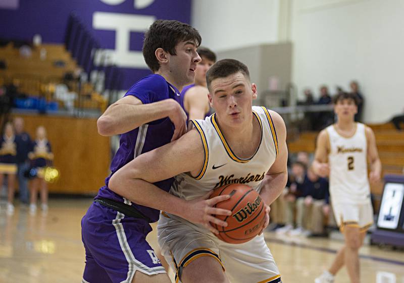 Sterling's Lucas Austin works down low against Rochelle in the regional finals Friday, Feb. 25, 20212.