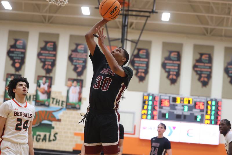 Plainfield North’s Pierre Pointer puts up a shot against Plainfield East on Tuesday, Jan 14, 2025.
