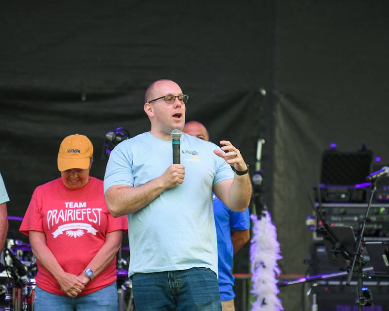 Oswego Village President Ryan Kaufman welcomes everyone to opening night of PrairieFest on Thursday June 12, 2025, held at PrairieFest Park in Oswego.