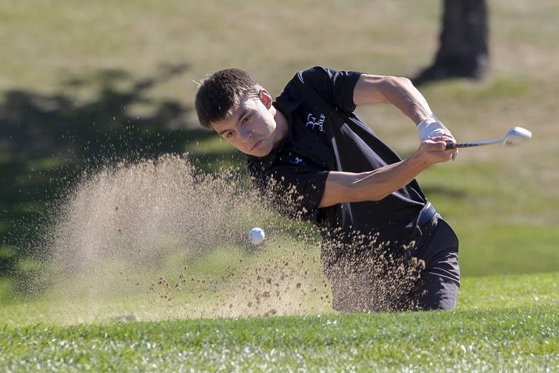Rock Falls’ Logan Williamson blasts out of the bunker on #3 Wednesday, Oct. 2, 2024 at Emerald Hill in Sterling.
