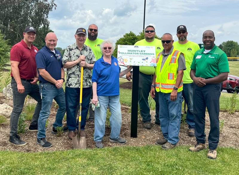 A planting crew for Betsey Warrington Park pollinator garden included (front L to R) Jason Irvin, Deputy Director of Public Works and Engineering; Scott Crowe, Huntley Park District Executive Director; Jim Uszler, Huntley Rotary; Karen Hutchings, Huntley Rotary; Dan Ruggles, Streets Superintendent; Wesley Peete, Director of Parks and Facilities; (Back L to R) Jason Hecker, Maintenance Worker; James Santoro, Utility Worker and Keith Brandmire, Utility Worker.