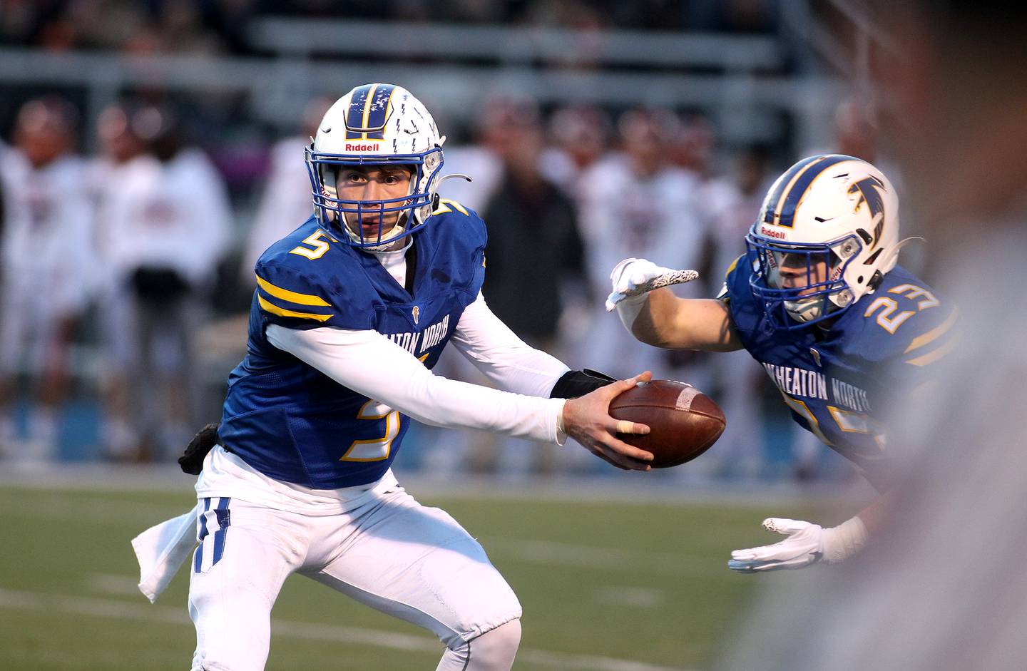 Wheaton North quarterback Mark Forcucci hands the ball off to Brayton Masks during a Class 7A semifinal against Brother Rice at Wheaton North on Saturday, Nov. 20, 2021.