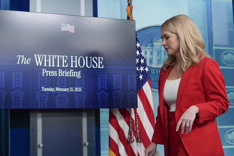 White House press secretary Karoline Leavitt departs the press briefing in the James Brady Press Briefing Room at the White House, Tuesday, Feb. 25, 2025, in Washington. (AP Photo/Alex Brandon)