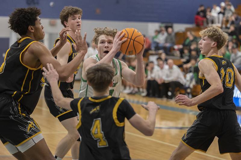 Rock Falls’ Kuitim Heald works against the Riverdale defense Friday, Feb. 28, 2025, during the Class 2A Regional final at Bureau Valley High School.