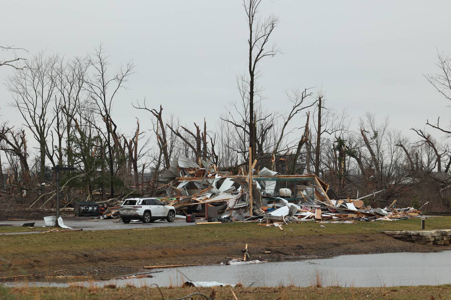 Significant damage to a property on Waldron Road in Aroma Park is seen on March 11, 2026 following a March 10 tornado that passed through Kankakee County.