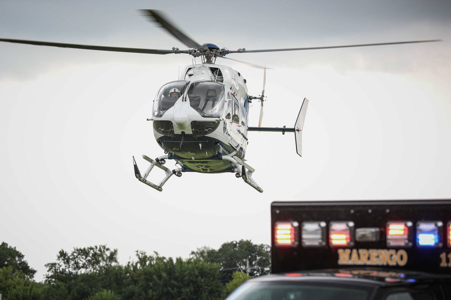 An elderly Marengo man was airlifted to Javon Bea Hospital Riverside in Rockford with serious injuries following a fall from a roof on Monday, Aug. 18, 2025.