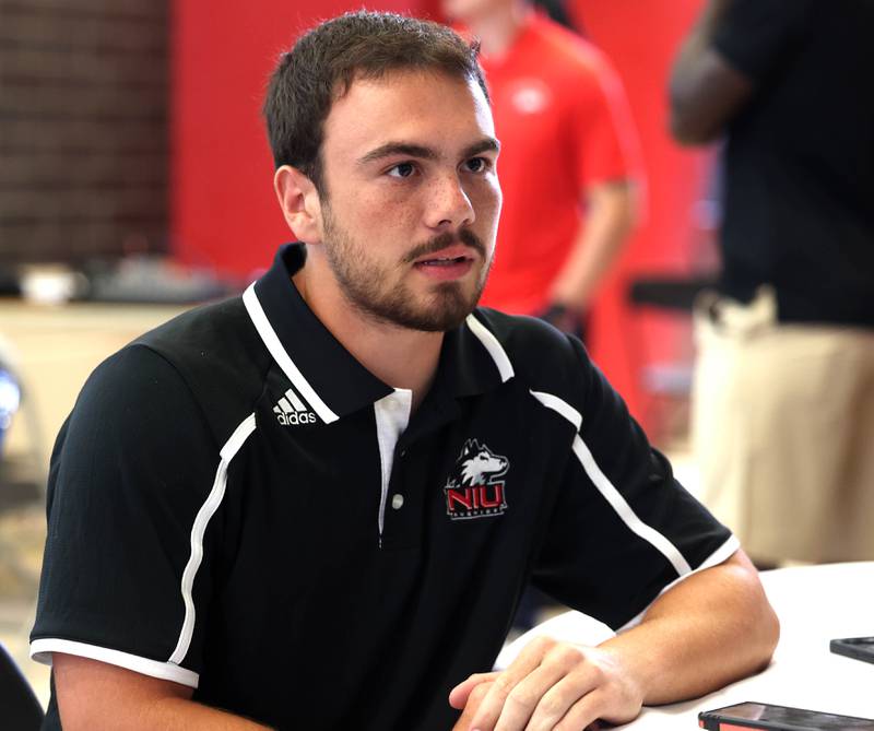 Northern Illinois kicker Andrew Glass talks to a reporter Wednesday, Aug. 13, 2025, during the NIU fall sports media day in the Yordon Center at NIU in DeKalb.