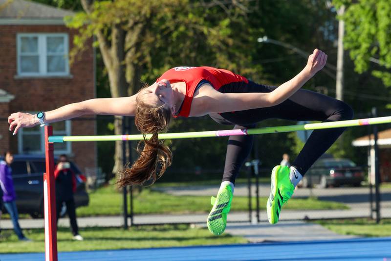 Lincoln-Way Central's Nicole Demma clears the state-qualifying height of 1.57 meters in the high jump during the IHSA Class 3A Chicago Heights Girls Track and Field Sectional at Bloom High School on Wednesday, May 13, 2026.