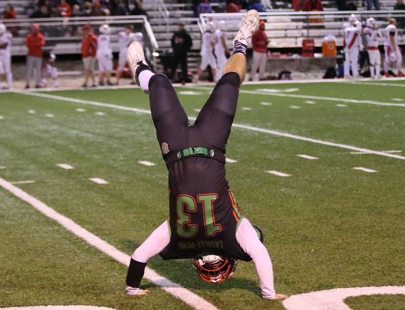 L-P's Brady Romagnoli does a back flip after defeating Ottawa on Friday, Oct. 6, 2023 at Howard Fellows Stadium.