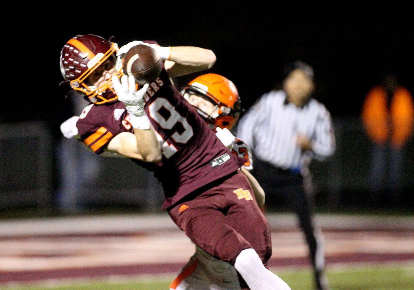 Brother Rice's Owen Lyons makes a catch during a Class 7A first-round playoff game against Wheaton Warrenville South in Chicago on Saturday, Oct. 30, 2021.