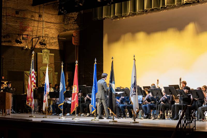 The Joliet Central Band performs service songs during the Veterans Day Assembly at Joliet Central High School on Nov. 7, 2025.