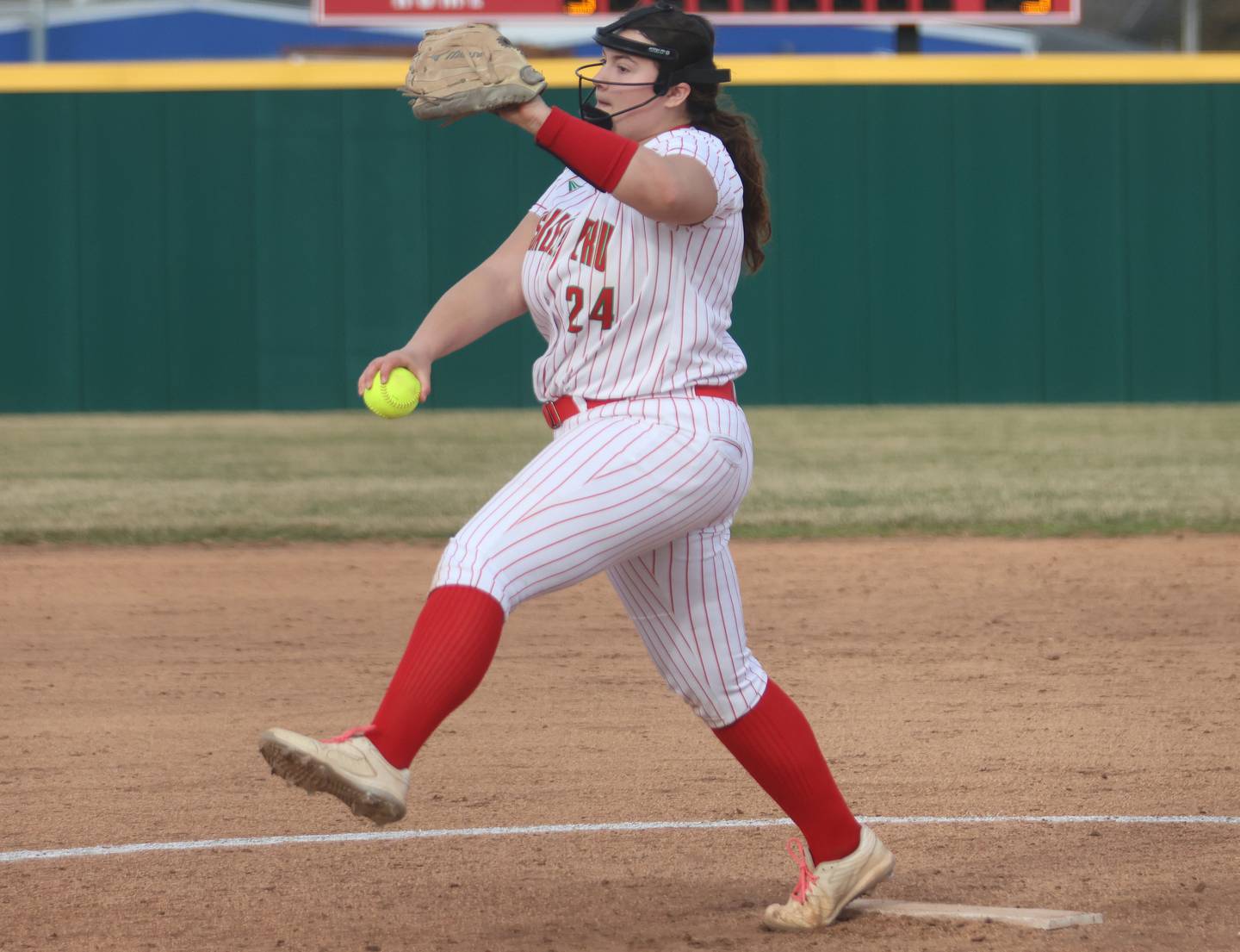 L-P pitcher Sydney Delphi lets go of a throw while playing Morton on Friday, March 20, 2026 at the L-P Athletic Complex in La Salle.