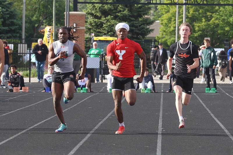 Yorkville’s Jayden Ruth takes second in the 100 Meter Dash in the Southwest Prairie Conference boys track and field championship on Wednesday, May 13, 2026 at Joliet West High School.