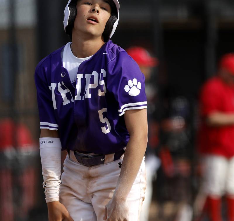 Hampshire's Jonathan Alexander reacts to being found out at home plate during a Fox Valley Conference baseball game against Huntley on Monday, April 28, 2025, at Huntley High School.