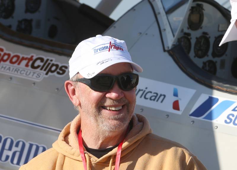 Veteran Marvin Hill of Peru, smiles after flying in a 1942 Boeing Stearman A-75 Primary Trainer during a Veteran Dream Flight on Tuesday, Sept 2, 2025 at the Illinois Valley Regional Airport in Peru.