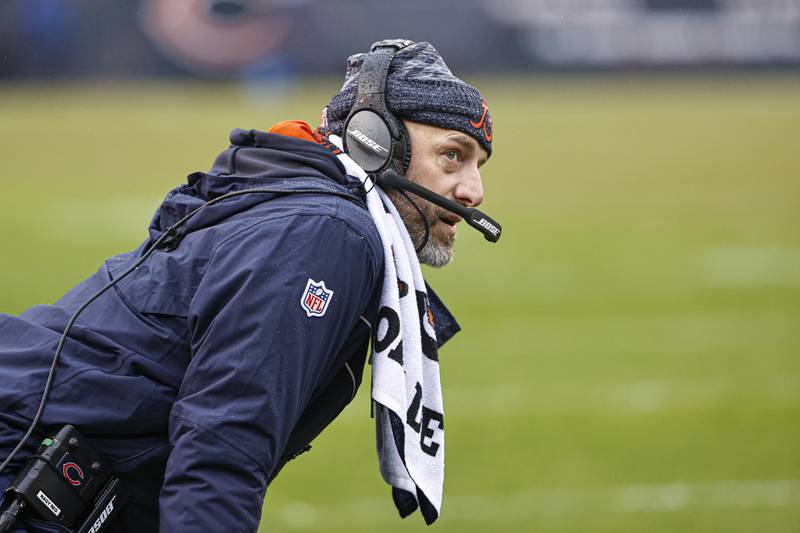 Chicago Bears head coach Matt Nagy looks on from the sidelines during the first half the Arizona Cardinals on Dec. 5, 2021, in Chicago.