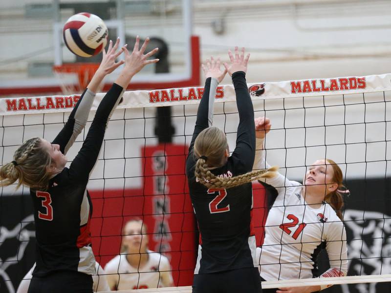 Henry-Senachwine's Brynna Anderson spikes the ball past Woodland's Malayna Pitte and teammate Ella Derossett on Thursday, Oct. 3, 2024 at Henry-Senachwine High School.