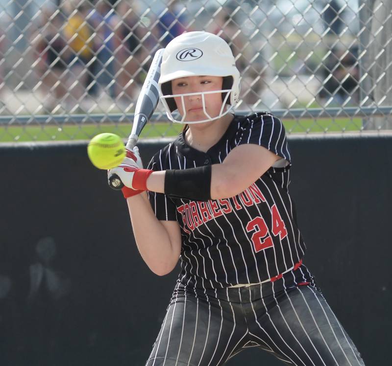 Forreston's Alice Kobler watches a pitch during a Monday, May 12, 2025 game with Lena-Winslow at Forreston High School.