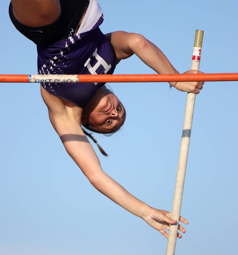 Hampshire’s Kassidy Papa clears the bar in the pole vault in IHSA Class 3A Girls Sectional Track and Field Meet action at Red Raider Stadium on the campus of Huntley High School in Huntley on Wednesday, May 14, 2025.
