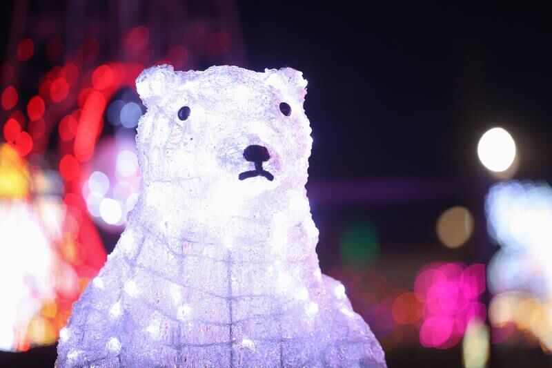 A lighted polar bear sits on display at the GLOW Holiday Festival at Slammers Stadium on Wednesday, Nov. 27, 2024 in Joliet.