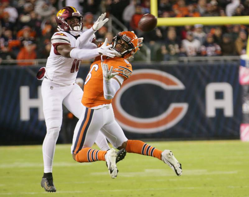 Chicago Bears defensive back Kyler Gordon (6) breaks up a pass intended for Washington Commanders wide receiver Curtis Samuel (10) on Thursday, Oct. 13, 2022 at Soldier Field.