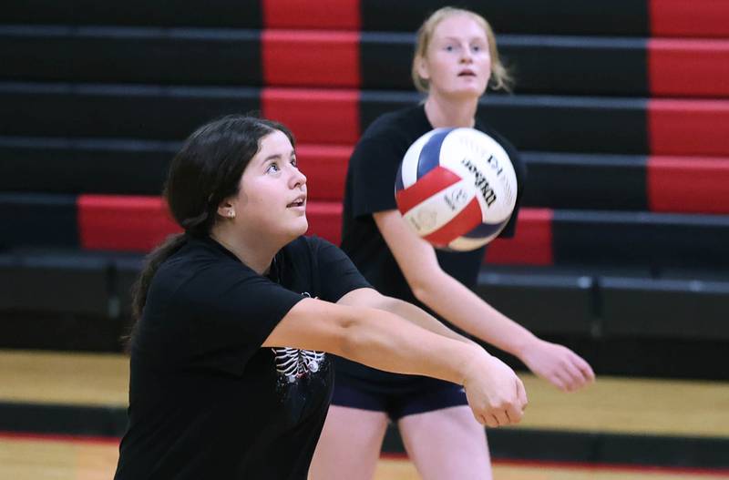 Indian Creek’s Paloma Cardenas bumps the ball during practice Tuesday, Aug. 13, 2024, at the school in Shabbona.