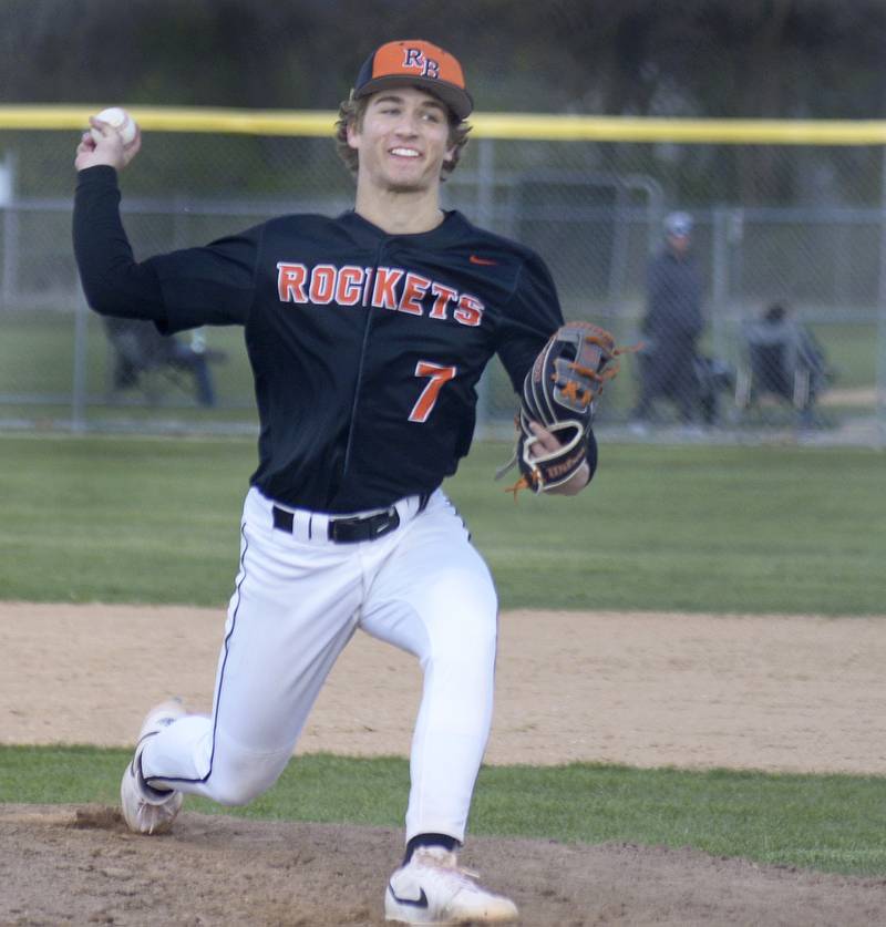 Roanoke Benson starting pitcher Henry Koehler lets go with a pitch against Marquette Tuesday at Masinelli Field.