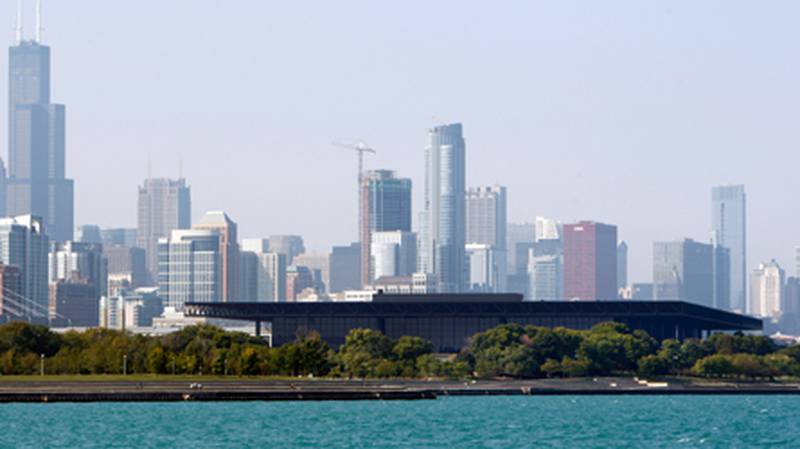 McCormick Place is seen against the Chicago Skyline.