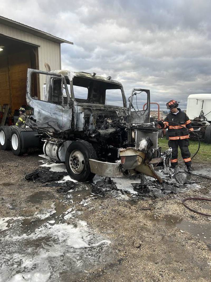 A semitrailer caught fire inside of a mechanics building on Route 89  outside of Ladd on Thursday night, Fire Chief B.J. Liebe said.