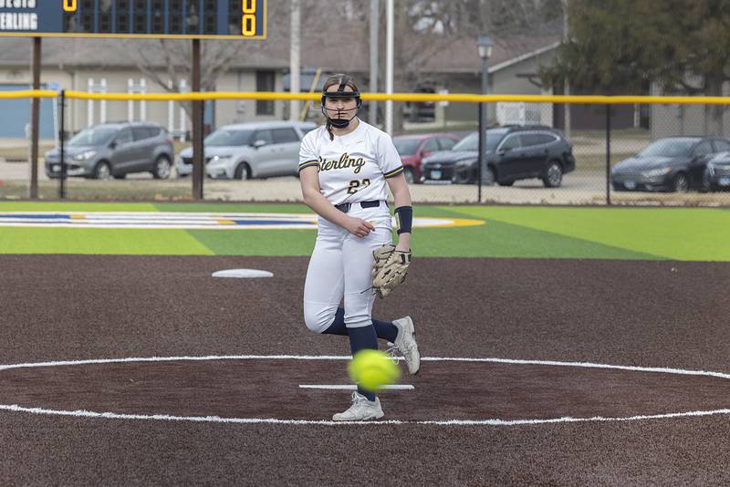 Sterling’s Sienna Stingley fires a pitch to start the softball season Tuesday, March 21, 2023 against Dixon.