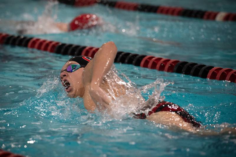 Bradley-Bourbonnais' Charlie Quigley competes in the 200-yard freestyle on Tuesday, Feb. 4, 2025, during the Boilermakers' meet against Kankakee.